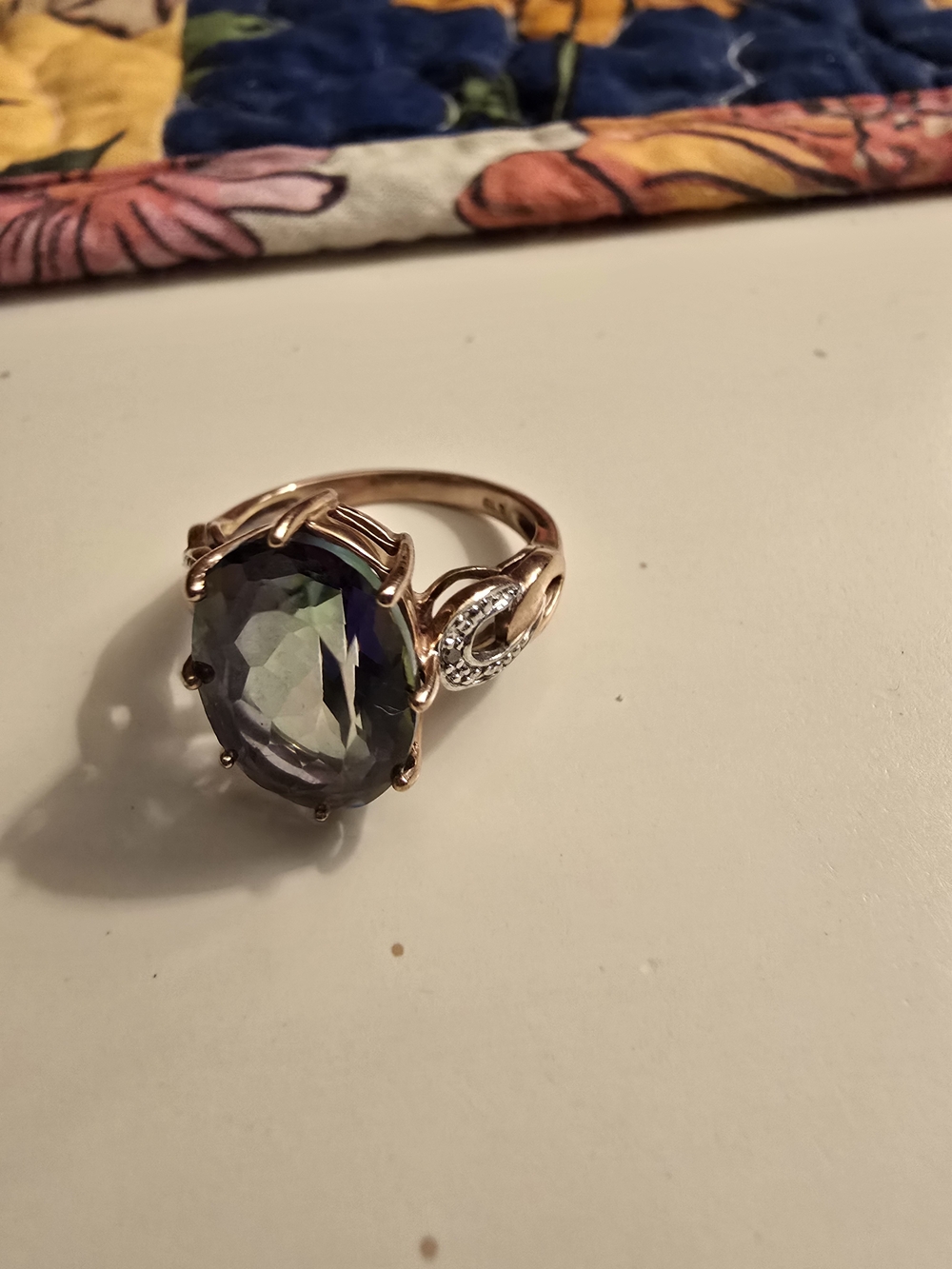 Gold-Tone Mystic Oval Stone Ring with Crystal Accents
